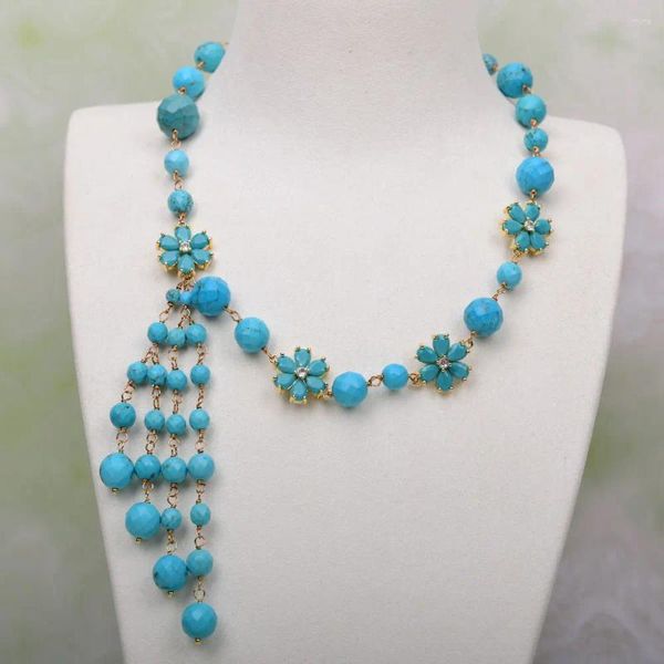 Colliers pendentif GG Natural Turquoise Round Face Blue Jade PV Collier de fleurs - Bijoux de fête