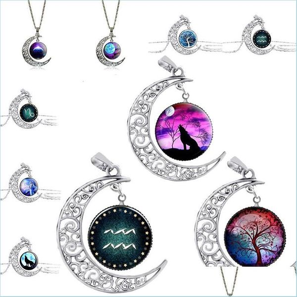 Colliers pendants Collier Cabochon arbre de vie Galaxy Moon Horoscope Signe Wolf Fairy Colliers Pendants Fashion Jewlerery Drop Dhqao