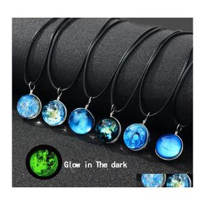 Pendentif Colliers Glow In The Dark Galaxy Universe Lumineux Verre Cabochon Étoile Lune Noir Cire Corde Chaîne Pour Femmes Hommes Mode Drop Otymv