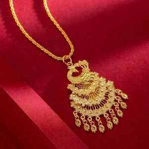 Collares colgantes dorados 999 collar retro au750 phoenix colgante 24k estilo de boda atmosférico cadena de suéter de pavo real joyería para mujer 240419