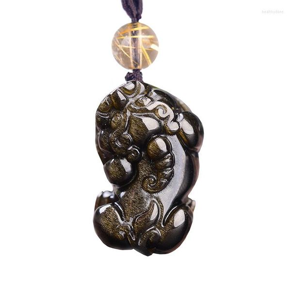 Collares colgantes Oro Negro Piedra obsidiana natural tallada Pi Xiu Amuleto de la suerte Collar de negocios para mujeres Hombres Colgantes al por mayor