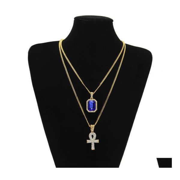 Pendentif Colliers Chaînes d'or Jolie Ankh égyptienne avec collier de croix de rubis rouge Ensemble hommes Bling Hip Hop Bijoux Drop Livraison Pendentifs Dhqbo