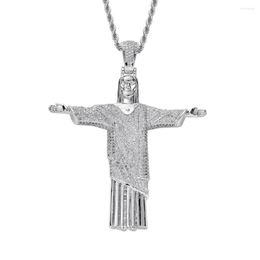 Collares pendientes Color oro gran Jesucristo Pave Cubic Zircon Hip Hop joyería cristiana para hombres mujeres con cadena de cuerda larga