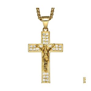 Hangende kettingen goud kleur kruis Christus Jezus hanger ketting roestvrijstalen link ketting inleg hiphop sieraden drop levering nek dhzpu