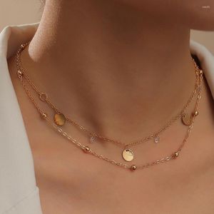 Pendentif Colliers Or Couleur Double Couche Chaîne Femme Collares Classique Simple Sequin Petit Cristal Bijoux Pour Femmes Collier