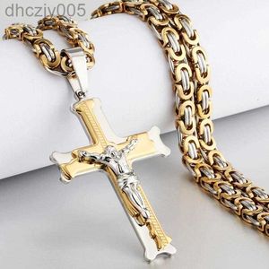 Pendentif Colliers Or Couleur Poisson Os Motif Croix Collier Hommes En Acier Inoxydable Crucifix Jésus Lien Chaîne Bijoux Catholiques Giftpendant KJCL