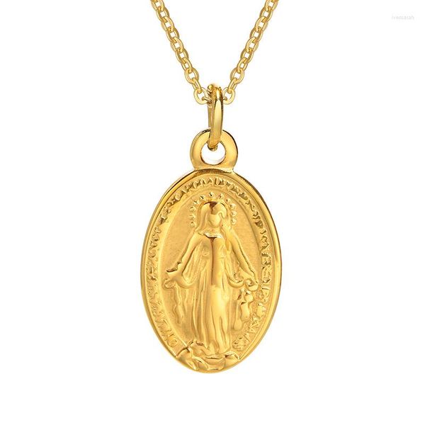 Pendentif Colliers Couleur Or En Acier Inoxydable Vierge Marie Ovale Pendentifs Collier Pour Femmes Catholicisme Charme Bijoux Goutte