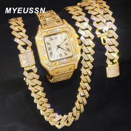 Collares pendientes Reloj de color dorado Hip Hop Miami Curb Cadena cubana Iced Out Pavimentado Rhinestones Bling Rapper NecklaceWatchBracelet Jewelry para hombres 230506