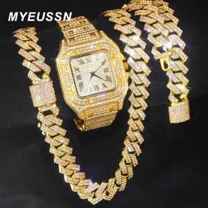 Collares pendientes Reloj de color dorado Hip Hop Miami Curb Cadena cubana Iced Out Pavimentado Rhinestones Bling Rapper Collar + Reloj + Pulsera Joyas para hombres T230413