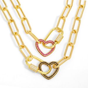 Pendentif Colliers Or Gourmette Chaîne Coeur Mousqueton Collier Pour Femmes Chunky Épais CZ Punk Bijoux Cadeaux Nkeu54