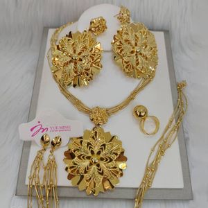 Hanger kettingen goud vergulde bloem sieraden vrouwen bruiloften ketting en oorbellen armband ring bruids set voor Dubai African Party Gifts 230506