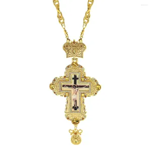 Collares colgantes Chapado en oro Cruz pectoral Iglesia cristiana Collar de corona para mujeres Hombres Sacerdote Crucifijo Ortodoxo Bautismo Regalo Religioso