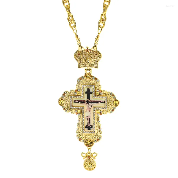 Pendentif Colliers Plaqué Or Croix Pectorale Église Chrétienne Couronne Collier Pour Femmes Hommes Prêtre Crucifix Orthodoxe Baptême Cadeau Religieux