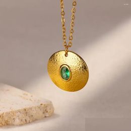 Pendentif Colliers Collier en acier inoxydable plaqué or pour femmes Mode Vert Zircon Rond Collier Collier Chaîne Bijoux Cadeau Drop Deli Otwos