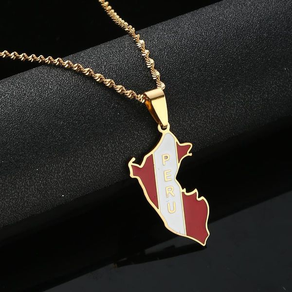 Collares pendientes Chapado en oro Mapa de Perú de acero inoxidable con bandera para mujer Joyería de recuerdo peruana de plata unisexColgante