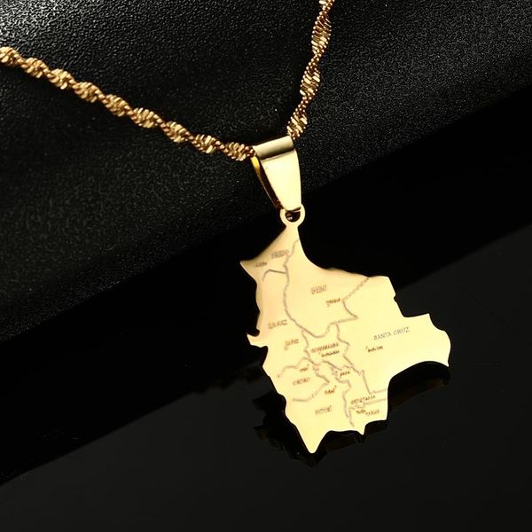 Collares colgantes Chapado en oro Acero inoxidable Bolivia Mapa País Ciudades Nombre para mujeres Bolivianos Charm Chain JewelryPendant