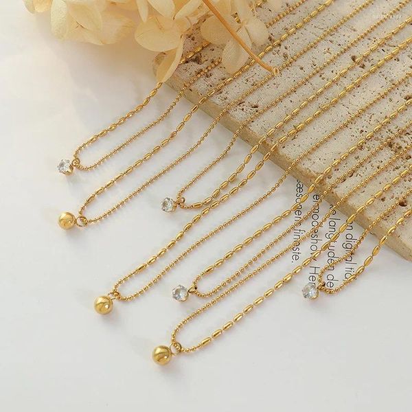 Collares colgantes Chapado en oro Acero inoxidable Pequeña cadena de cuentas Matel Ball Cubic Zirconia Charms Collar para mujeres Chica Joyería de moda
