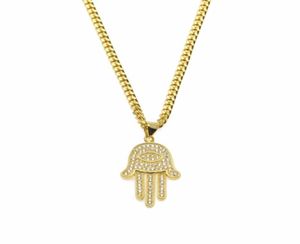 Pendentif Colliers Or Argent Fatima Hamsa Main Bling CZ Glacé Charme Chaîne Cubaine Pour Femmes Hommes Hip Hop Bijoux 9949359