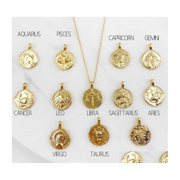 Collares pendientes Collar de oro del zodiaco para mujer Acero inoxidable Acuario Escorpio Leo Picses Capricornio Horóscopo Medallón Astrología Dh5O8