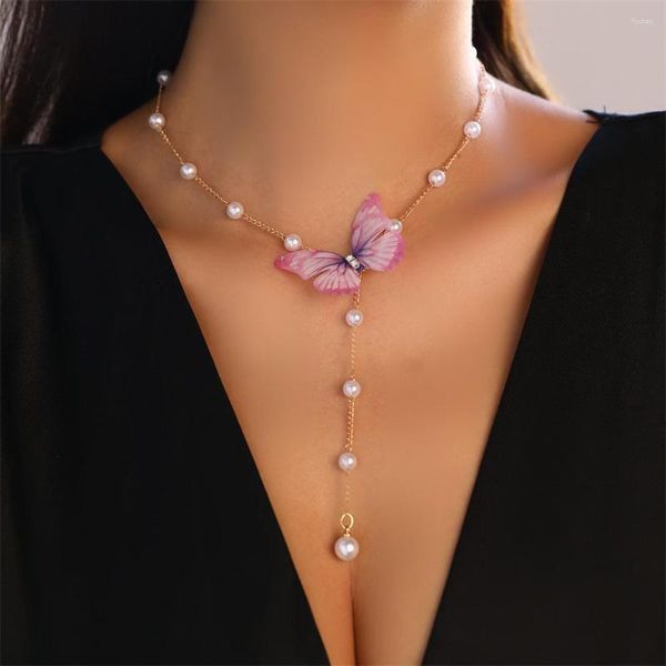 Pendentif Colliers Couleur Dorée Longue Chaîne Pour Femmes 2023 Automne Imitation Perle Papillon Bijoux Cadeaux