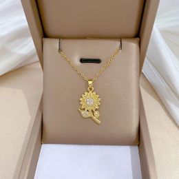 Hanger Kettingen Gouden Zonnebloem Ketting Voor Meisjes Roestvrij Stalen Hals Bloem Choker Met CZ Kristal Luxe Sieraden Collier De Fleurs