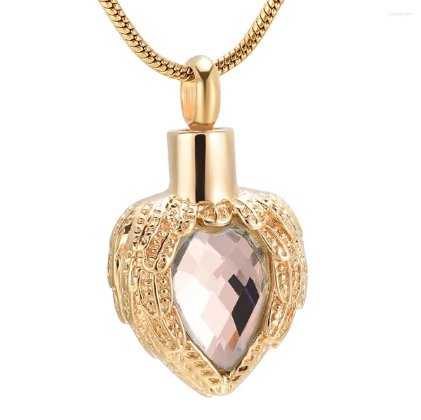 Colliers pendants Golen Angel Wing Birthstone Heart Cremation Jewelry For Ashes Memorial Urn Collier en acier inoxydable Bijoux imperméables