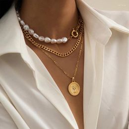 Pendant Necklaces Goth Baroque Imitation Pearl Coin Portrait Necklace Women Vintage Multi Layer Link Chain Punk Aesthetic Jewelry