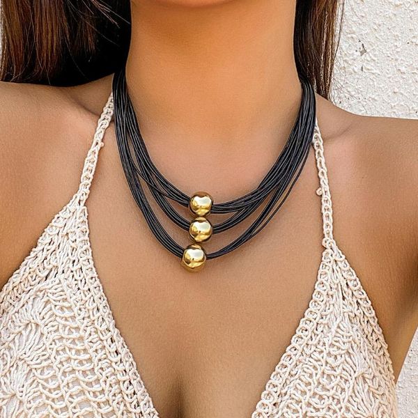 Collares colgantes Goth Multilayer Big Ball Gargantilla Collar para mujeres Punk Black Cuero Cera Hilo Cadena Grunge Joyería Steampunk Hombres