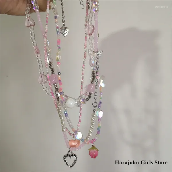 Collares colgantes Goth Vintage Pink Heart Flower Pearl Crystal Acrílico Collar con cuentas para mujeres Chica Hada Grunge Y2K Joyería de Halloween