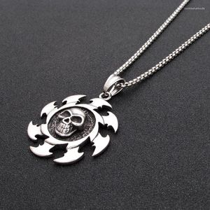 Pendentif Colliers Gothique En Acier Inoxydable 316L Argent Couleur Noir Rond Crâne Lame De Scie Bijoux De Squelette Tête Cadeau