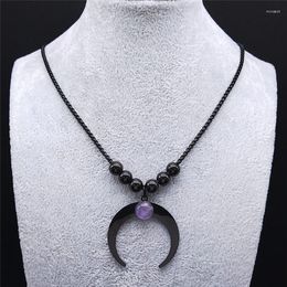 Hanger Kettingen Gothic Black Crescent Moon Rvs Charm Paars Crystal Bead Ketting Sieraden Joyas Mujer N3107S06