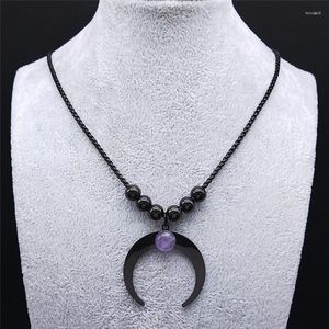 Pendentif Colliers Gothique Noir Croissant De Lune En Acier Inoxydable Charme Violet Cristal Perle Collier Bijoux Joyas Mujer N3107S06