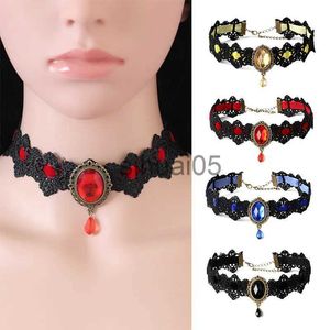 Hanger Kettingen Gothic Bohemen Kant Tattoo Choker Ketting Vrouwen Vintage Zwart Rood Blauw Kristal Kettingen Gothic Punk Kraag Choker Sieraden x1009