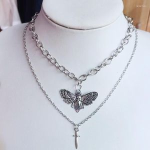 Pendentif colliers tour de cou gothique pour hommes femmes crâne papillon épée collier à breloques sorcière bijoux cadeau couleur argent Vintage 2023