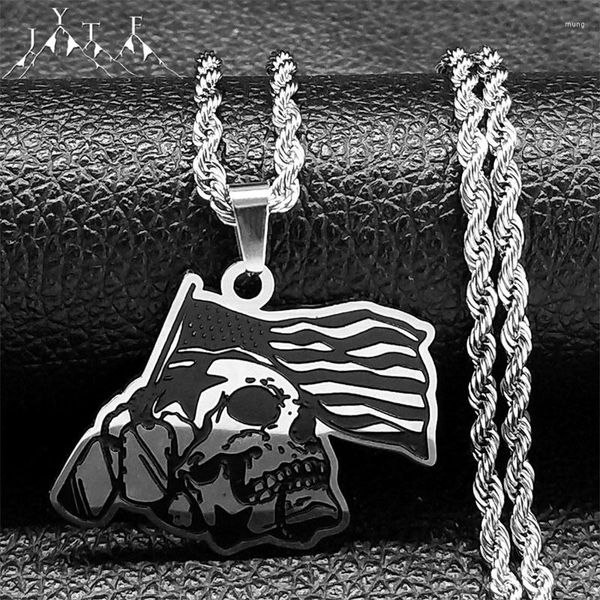 Pendentif Colliers Gothique Créatif Crâne Drapeau Américain Grenade Guerre Collier Pour Hommes En Acier Inoxydable Squelette Bijoux Cadeaux