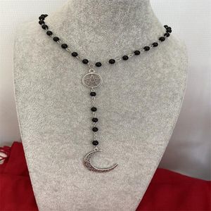 Collares colgantes Gótico Creciente Luna Pentagrama Rosario Estilo Collar Cuentas Negras Con Cuentas Cadena De Encanto 2023 Declaración De Moda Joyería Wowen