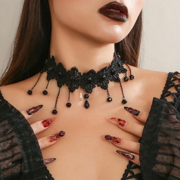 Collares pendientes gótico oscuro negro encaje gota de agua borla collar para mujeres moda Vintage Sexy hueco clavícula cadena joyería de Halloween