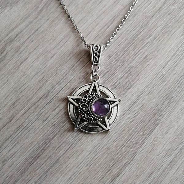 Collares pendientes Collar de estrella de cinco puntas gótica Cristal de luna Joyas de brujas Gemas paganas Vicat Guardian