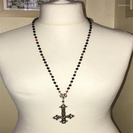 Pendentif Colliers Gothique Croix Inversée Et Pentagramme Rosaire Style Long Collier Satanique Occulte Bijoux À L'envers Goth Punk Cadeau