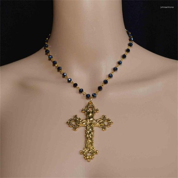 Pendentif Colliers Gothique Grande Croix Détaillée Cristal Noir Collier Ras Du Cou Perle Crucifix Chapelet 2023 Mode Charme Déclaration Femmes Bijoux