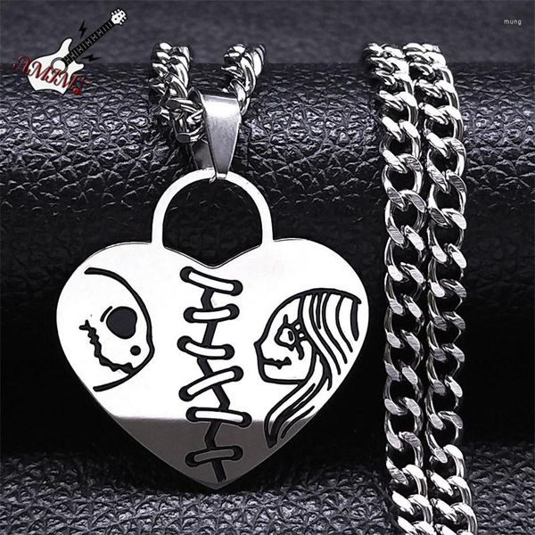 Pendentif Colliers Crâne Gothique Couple Coeur Brisé Collier En Acier Inoxydable Argent Couleur Squelette Punk Bijoux Collares