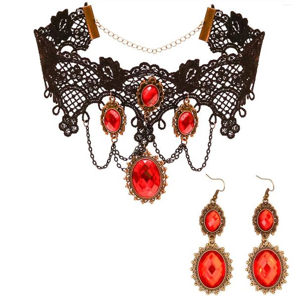 Collares colgantes joyas de vampiro gótico gargantilla de encaje negro con aretes rojos accesorios de vestuario piratas para mujeres y niñas