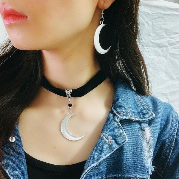 Pendentif Colliers Gothique Velours Chocker Collier Collier Pour Femmes Vingate Crescent Argent Couleur Occulte Foncé Bijoux VGN101