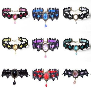 Hangertjeskettingen Gotische Victoriaanse Zwarte Kanten Ketting Dames Meisje Boho Kristal Kwastje Sexy Kant Choker Steampunk Donkere Loli-stijl Halloween Sieraden 240330