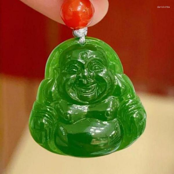 Collares colgantes de grado un collar verde de jade buddha hombres mujeres genuinas jades nefrite maitreya riendo amuletos de suerte