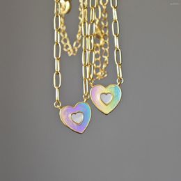 Pendentif colliers dégradé coloré gouttes d'huile coquille amour coeur collier fait main pour les femmes exquise petite chaîne