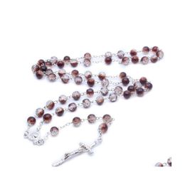Collares pendientes Granos de vidrio de grava Collar de rosario Cruz de metal Colgante largo para hombres Mujeres Joyería religiosa Collar de entrega de gota Dhphx