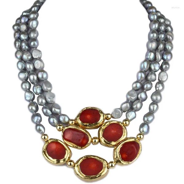 Collares colgantes Collar de perlas naturales de agua dulce gris Coral 3 filas 9-10 mm Joyería fina para mujeres Temperamento de regalo 17-19 pulgadas