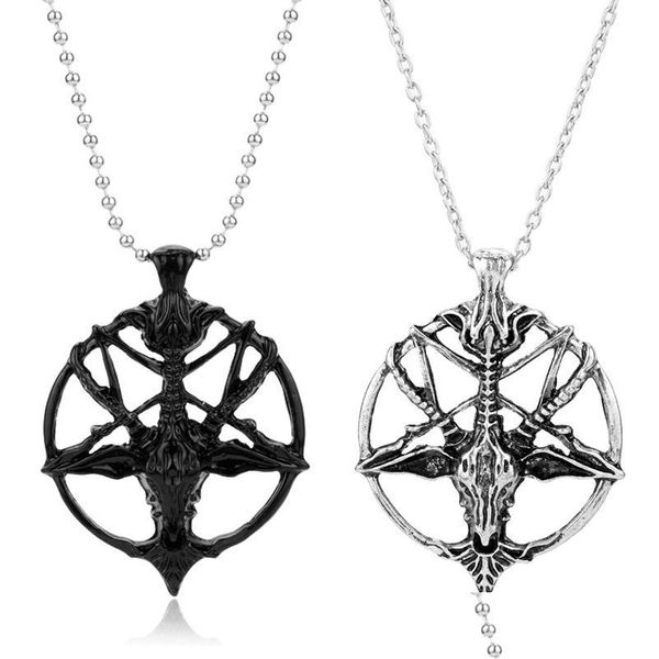 Grandes chaînes longues colliers pentagramme Pan dieu Skl tête de chèvre pendentif collier chance satanisme Occt métal Vintage couleur Dh9Kk