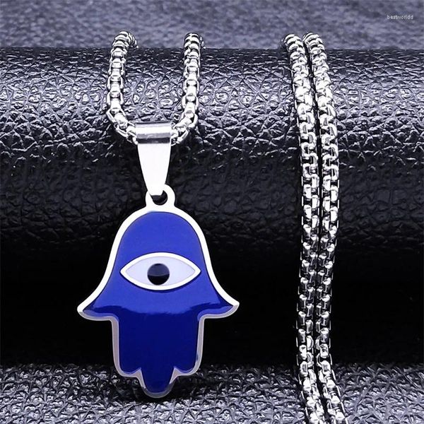 Pendentif Colliers Oeil Grec Fatima Main Collier En Acier Inoxydable Bleu Couleur Démon Turc Islamique Chanceux Protection Bijoux Colar